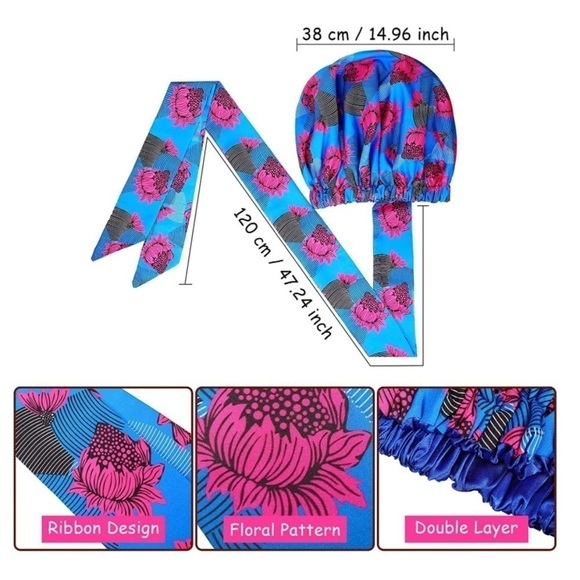 2  Pieces Soft Satin Head Scarf Sleeping Cap Bonnet Headwear Head Wrap T… - Picture 4 of 4